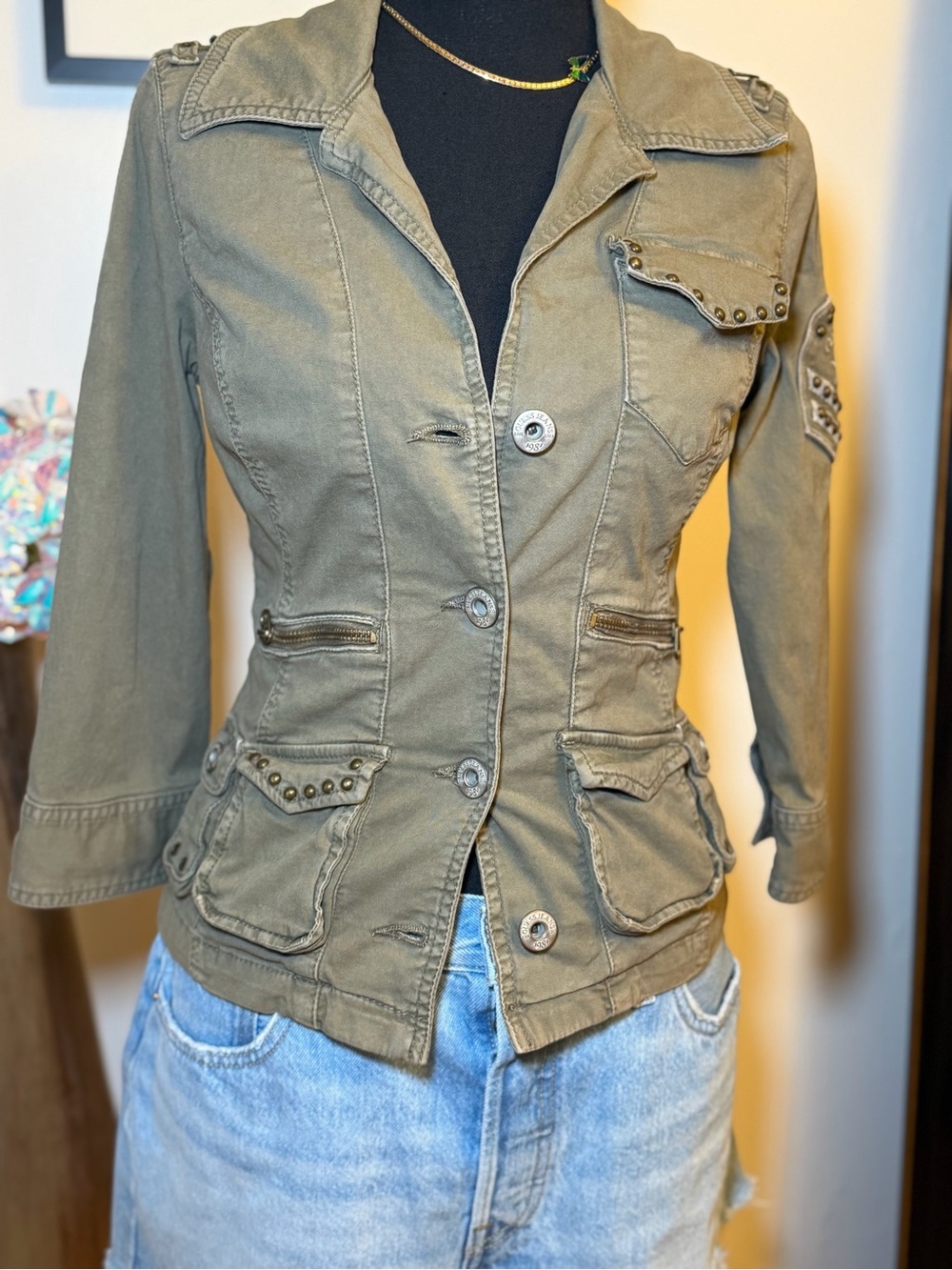 Vintage Guess Olive Utility Jacket with Studded Pocket Details